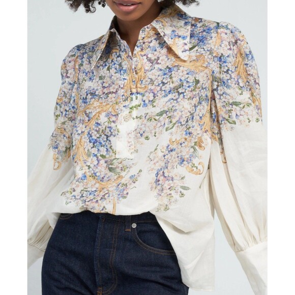 Zimmermann Womens Floral Button-Up Blouse Collared Neck Long Sleeve Multi Size 1 - Picture 4 of 14